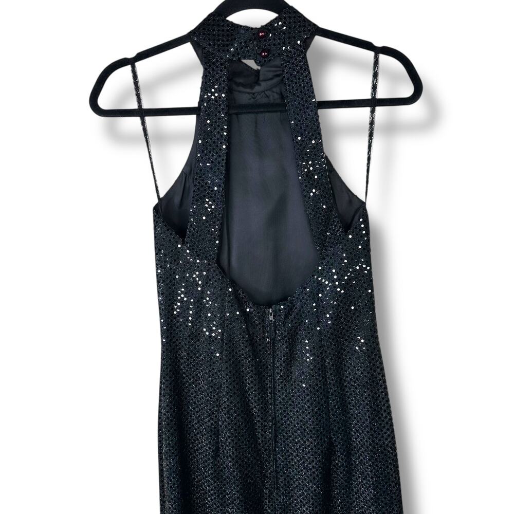 Vintage Roberta Midnight Black VTG Sequin Halter Open Back Sleeveless Maxi Gown - Picture 5 of 8
